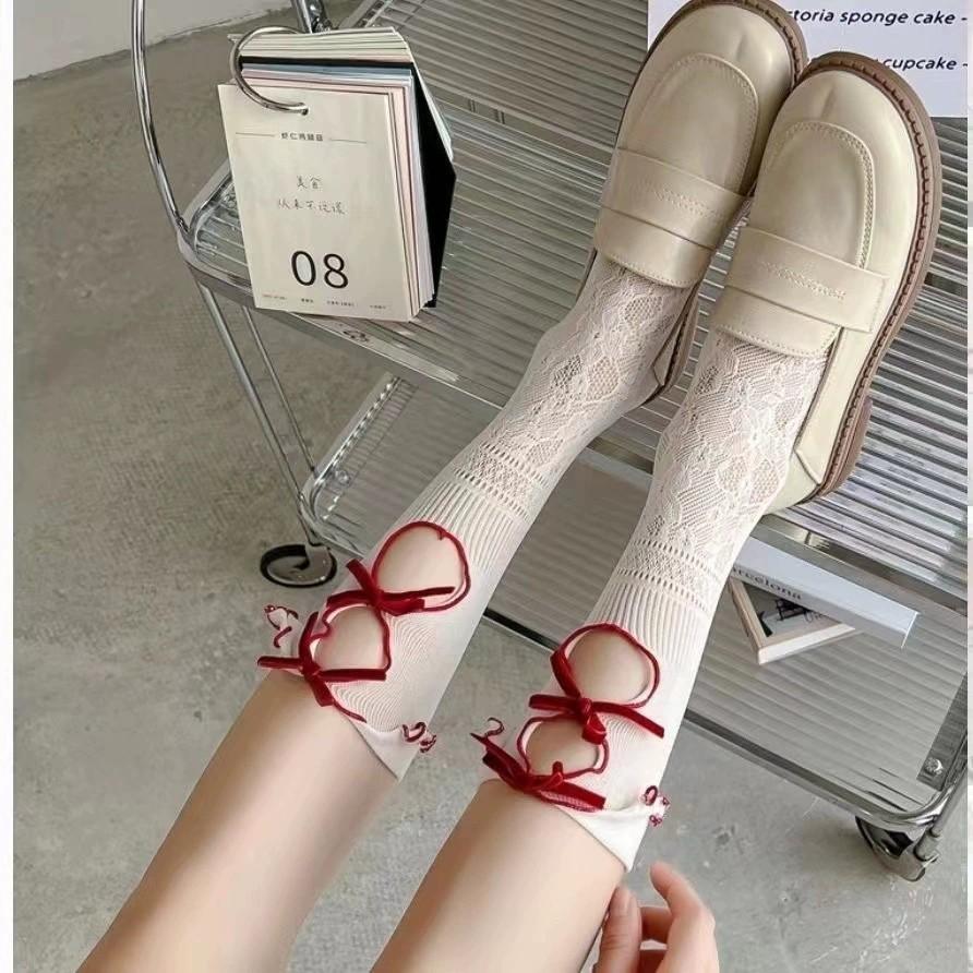 Lolita Ik Hollow Socks Women'S Spring And Summer Thin Sweet Medium Tube Socks Double Lace Bow Calf Socks