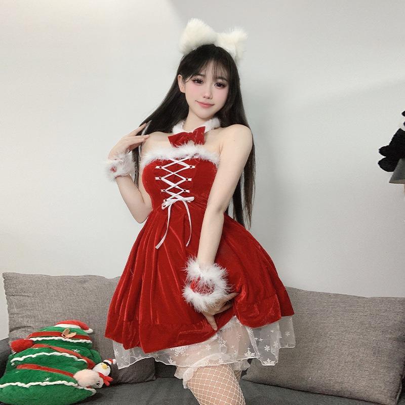 Рождественский халат чистое желание сексуальная красотка талия тонкое бархатное платье атмосфера красная юбка 6