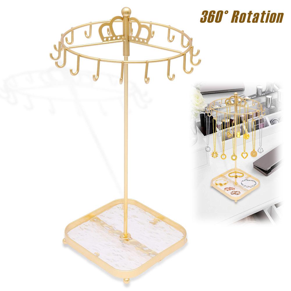 Rotating Necklace Holder Stand 360° Rotation Iron Necklace Organizer Stand with Acrylic Tray and 18 Hooks Jewelry Display Stand