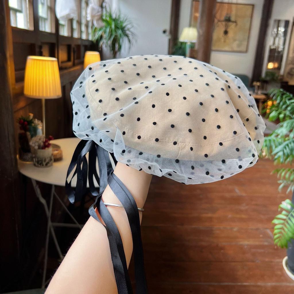 Корейский бант-стример берет женский летний тонкий горошек сетка большой окружности головы ретро литературный и художественный художник шляпа