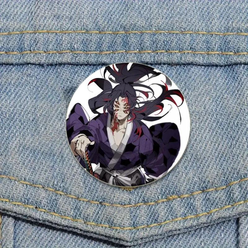 32/44/58mm Round Anime Brooches Kamado Tanjirou Tsuyuri Kanao Hashibira Inosuke Rengoku Kyoujurou Agatsuma Zenitsu Akaza Badge Lapel Pins