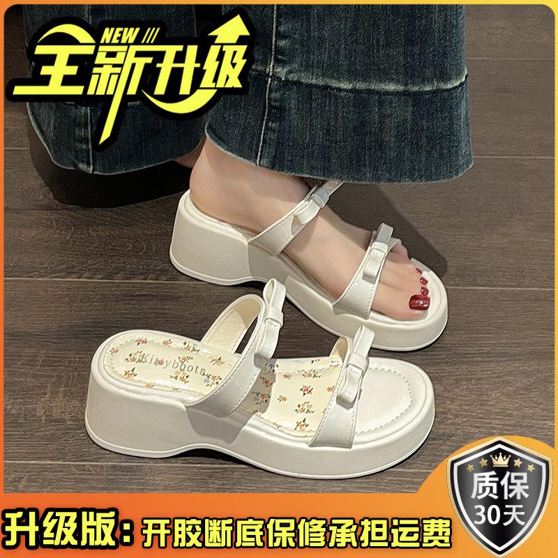 Фея стиль с юбкой женские тапочки на танкетке летние французские увеличивающие рост бант с открытым носком толстая подошва однословные крутые тапочки