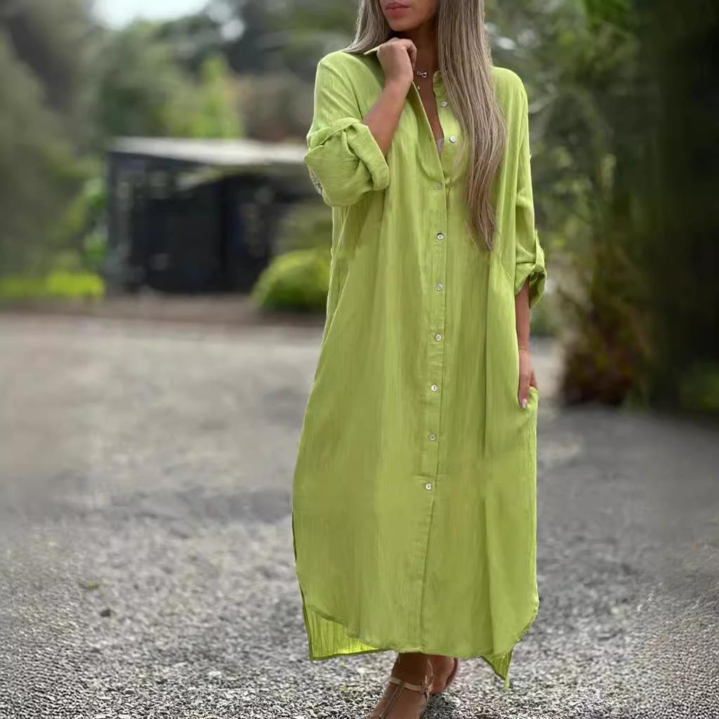 Long Sleeve Maxi Dresses Women Turn Down Collar Casual Cotton Linen Button Shirt Dress