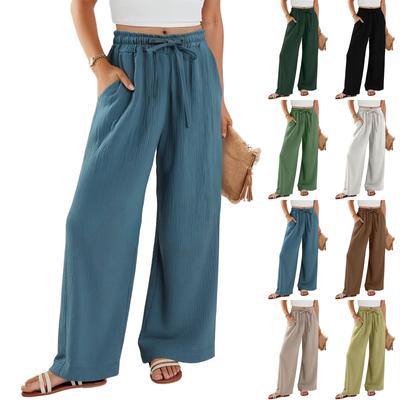 Женские широкие брюки, эластичные брюки с высокой талией и завязками, струящиеся летние пляжные брюки-палаццо, повседневные брюки
