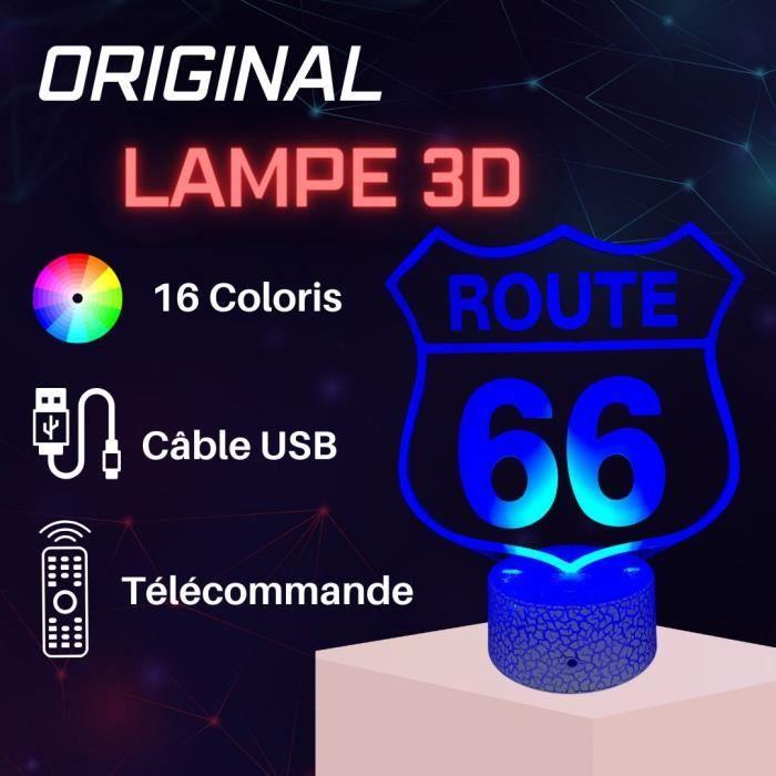 Lampe de Chevet 3D LED Route 66, Veilleuse changement de Couleurs, LampeTactile Bureau et Chambre, Moto états unis
