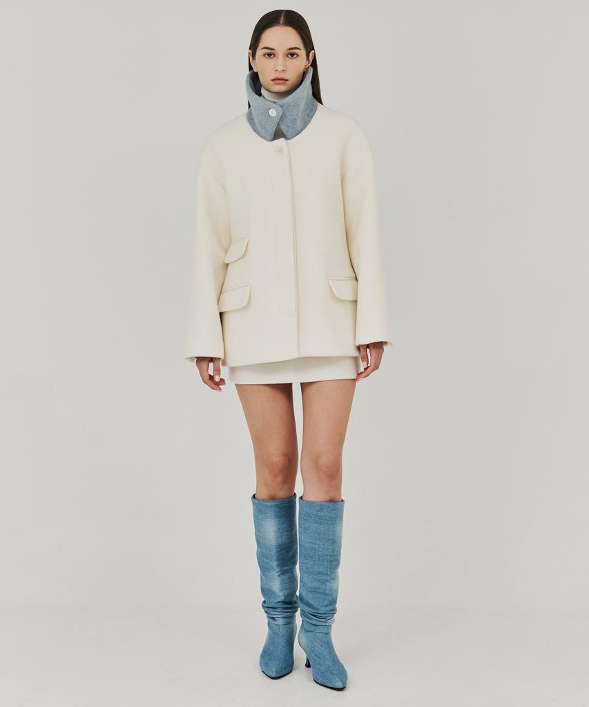 Thefrht Herringbone High-Neck Half Coat (Ivory)