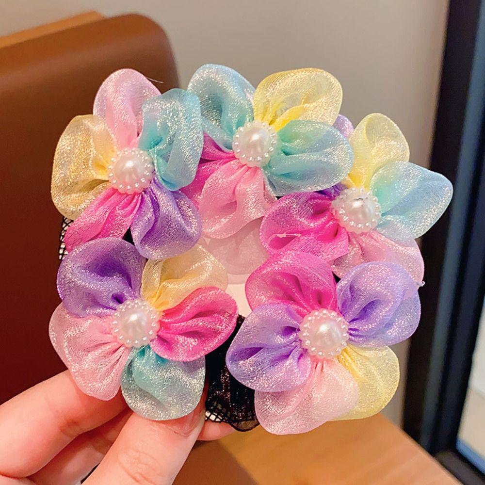 Mesh Flower Hair Net Rainbow Ballet Bun Snood Fashion Children Bun Net  Party