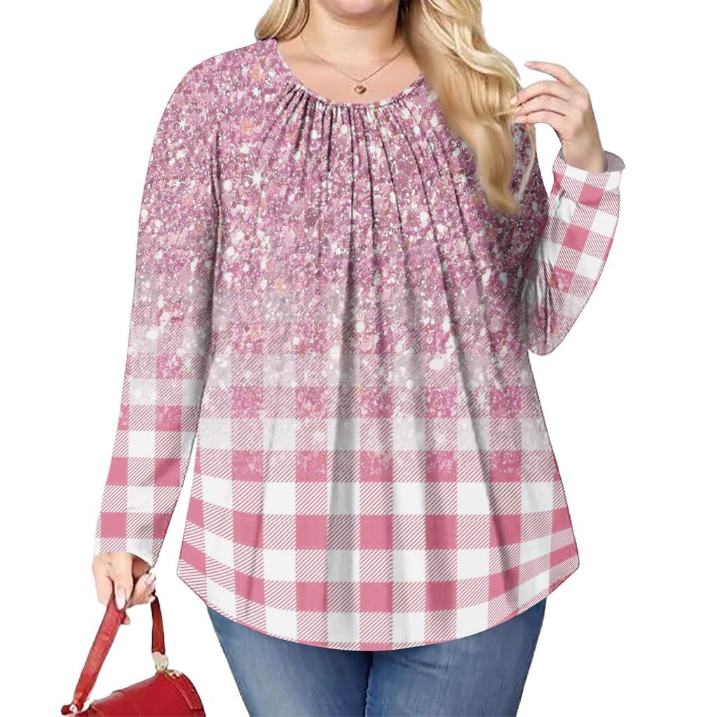 Women's Plus Size Fashion Printed Casual Pleated Round Neck Long Sleeve Top