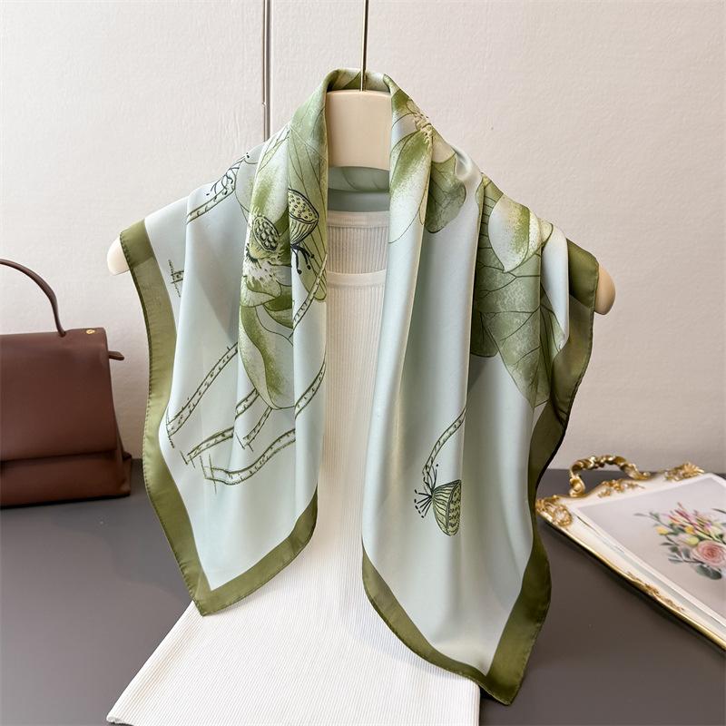 Fresh Lotus Print Shawl Square Scarf for Women Soft Satin Neckerchief Female Hair Bands Ribbon Headband Bandana