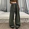 Женские джинсы с широкими штанинами длиной до пола, свободные джинсовые шнурки с эластичной резинкой на талии, сплошной цвет в стиле хип-хоп, уличная одежда, глубокие карманы с промежностью, винтажные прямые длинные брюки