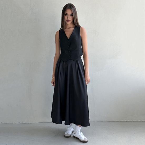 Женская макси-юбка шелковистое пятно свободная эластичная высокая талия на молнии трапециевидной формы большие качели плиссированные однотонные