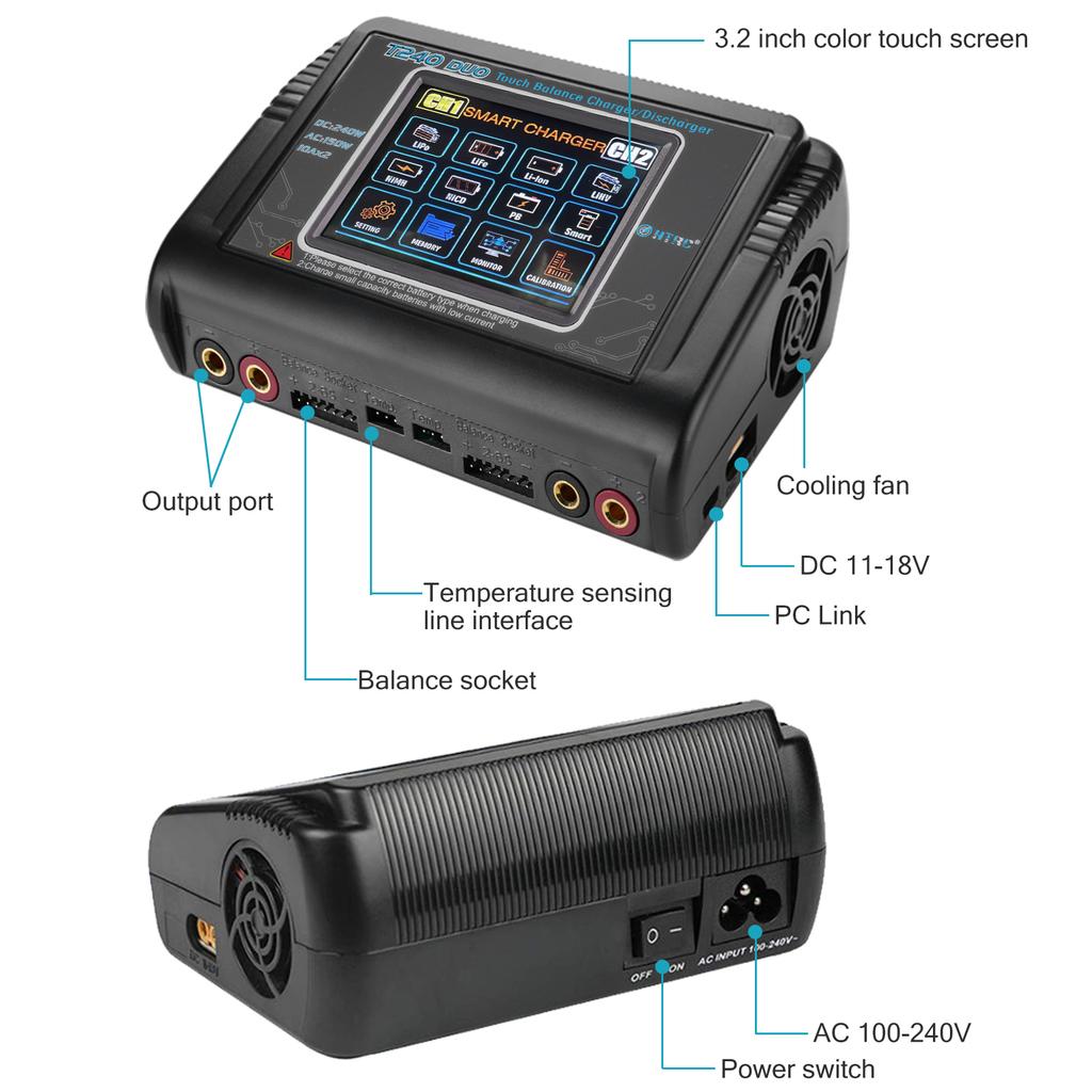 T240 Duo Lipo Battery Charger Touch Screen AC 150W DC 240W Dual Channel RC Charger for LiHV LiFe Lilon NiCd NiMH PB Battery
