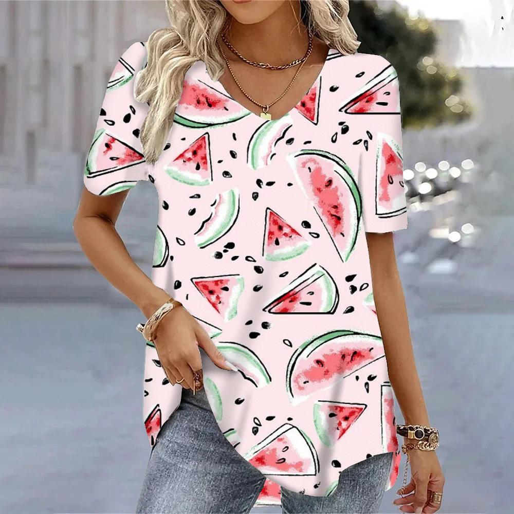 Женские футболки с v-образным вырезом и 3D принтом арбуза, летние крутые топы с короткими рукавами, модные повседневные свободные пуловеры, женские футболки