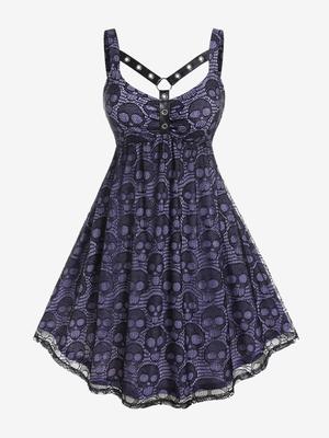 Rosegal Платье готическое большого размера с ремнями, люверсами, черепом и кружевом, длиной до колена