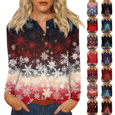 Жен. Футболка Футболка С принтом Пуговицы Длинный рукав Повседневные Выходные Мода Классический V-образный вырез Обычный Верх