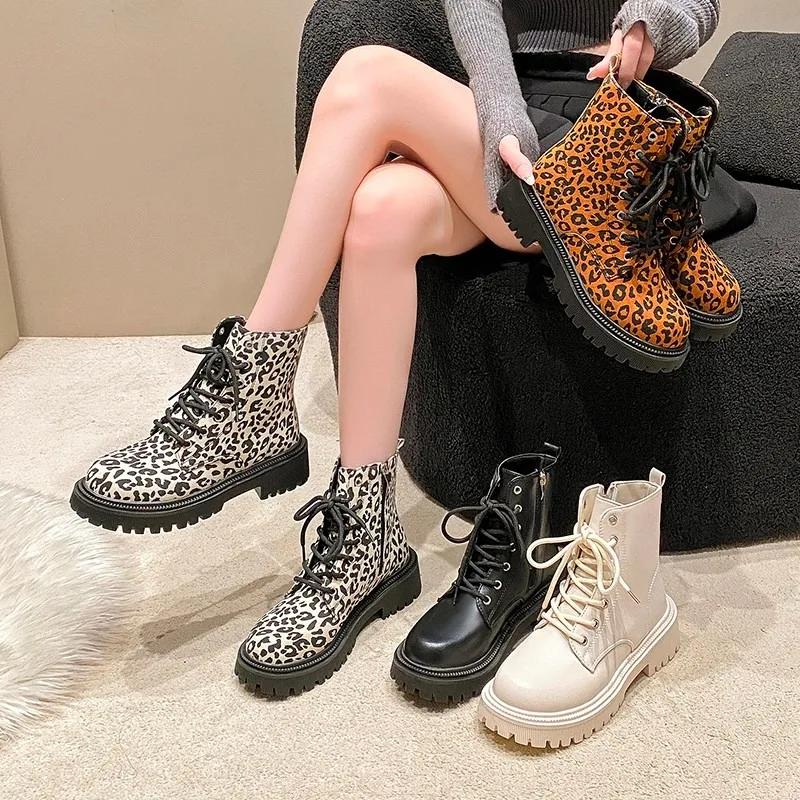 Fashion European American Leopard Print Short Boots 2024 Autumn Winter British Style Thick Soled Short Tube Motorcycle Boots for Women