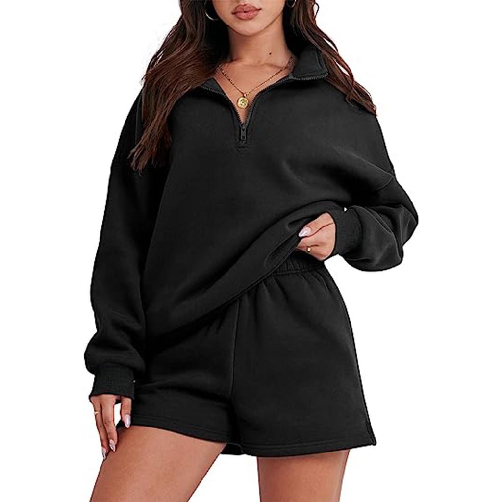 Женский однотонный комплект из двух частей, однотонная толстовка с карманом на молнии и шорты