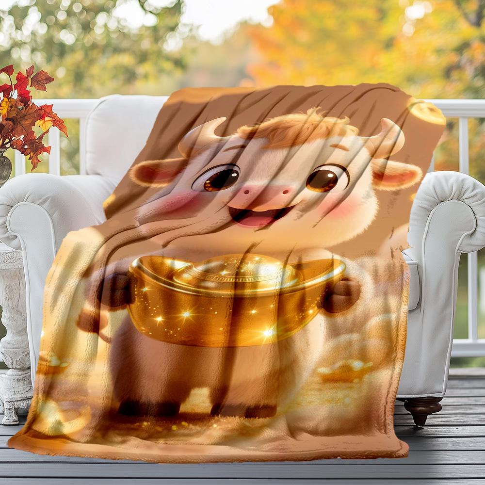 1pc Golden Ox Holding Treasure Outdoor Flannel Blanket Soft Warm All-Season Throw for Sofa Bed Car Camping Office, Cozy Gift Idea1284S