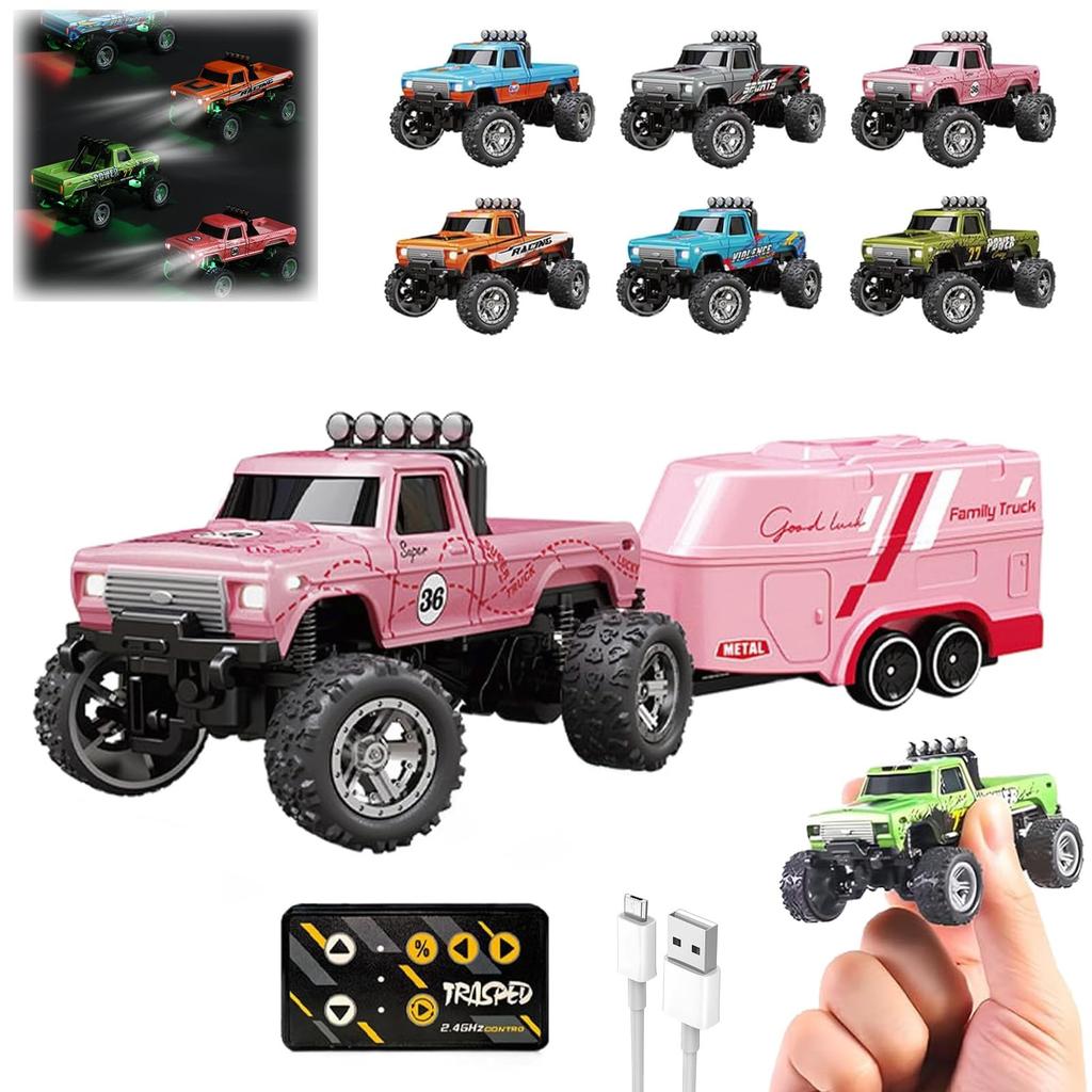 RC Truck USB-C Rechargeable Underflow With Trailer, 1:64 Scale Truck Remote Control Car With Lights, 2.4Ghz Remote Control