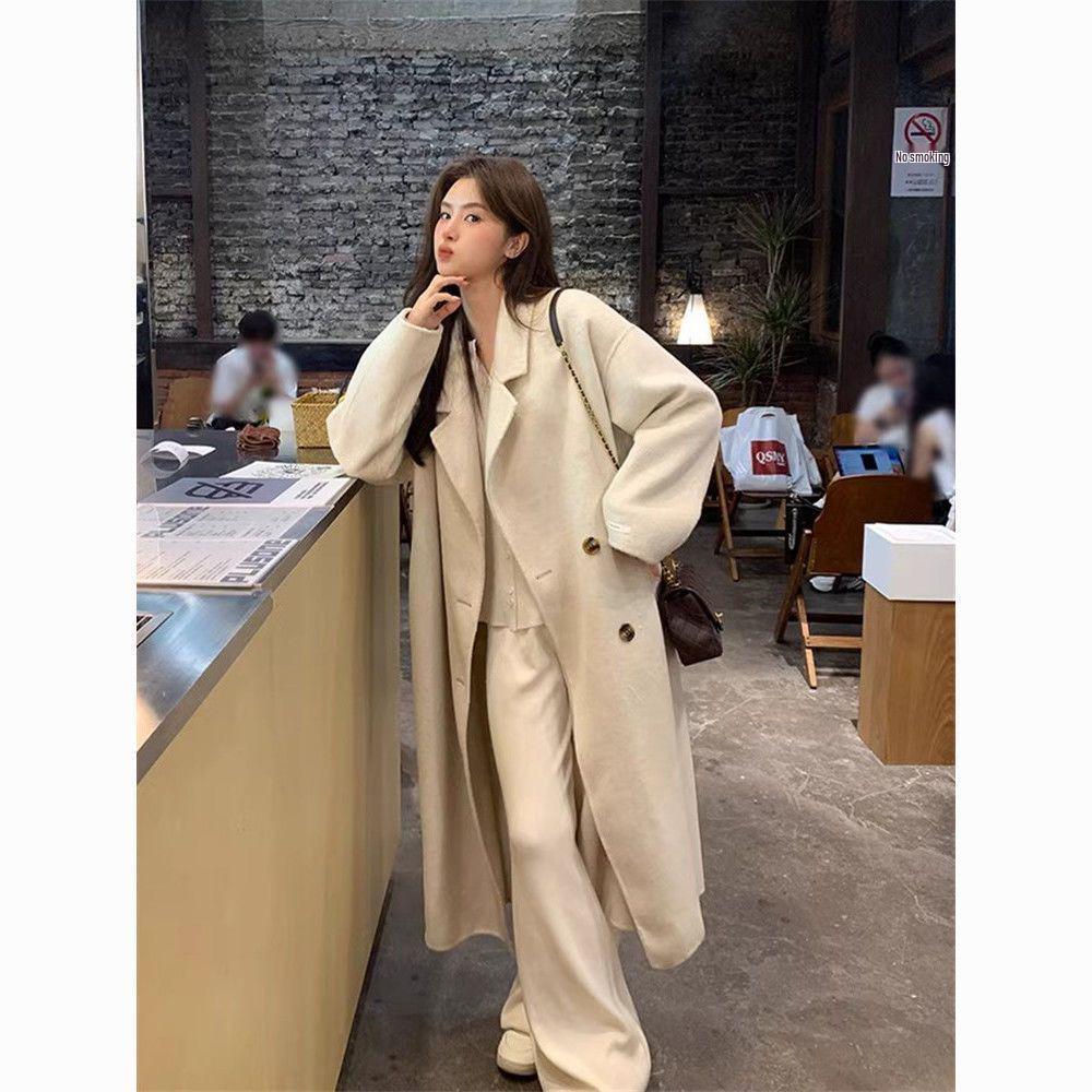 Women's Mid-Length Hepburn-Style Wool Felt Coat - Autumn/Winter Plus Velvet Thickened Petite Fit