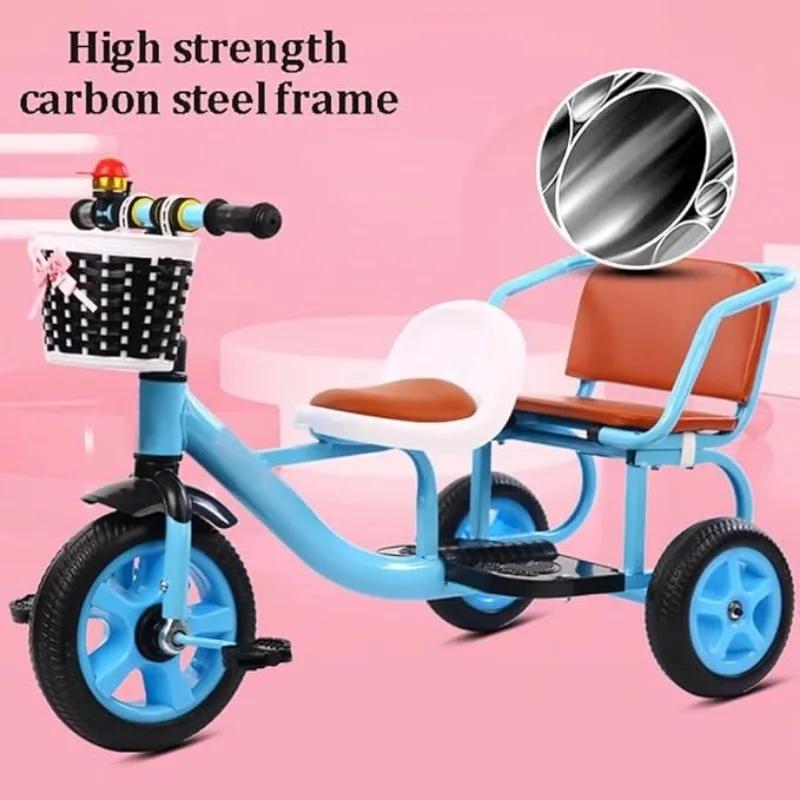 Children's Tandem Trike Kids Tricycle with Passenger Seat Storage Basket Toddler Pedal Bicycle Anti Slip for Backyard/Outdoor
