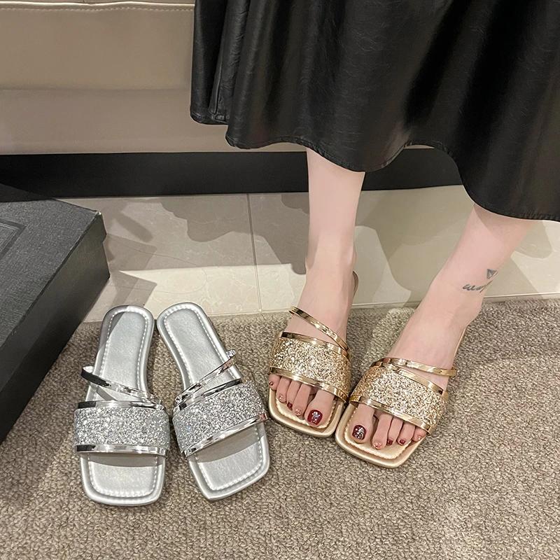 Яркие ромбовидные повседневные летние женские тапочки с плоской подошвой, модные женские тапочки с одной линией, большие 42 тапочки