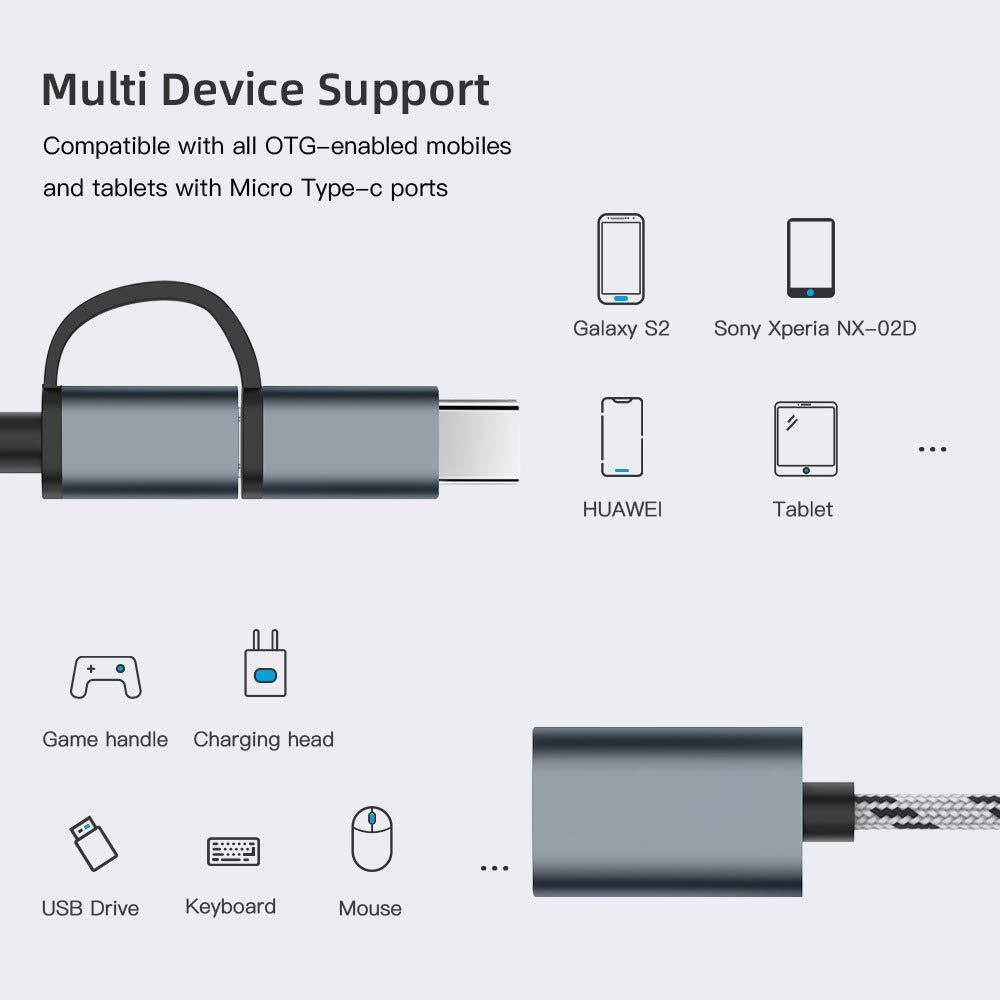 Кабель-адаптер OTG 2 в 1, нейлоновая оплетка, адаптер USB 3,0 к Micro USB Type C для Huawei для MacBook, USB C, телефонный диск OTG