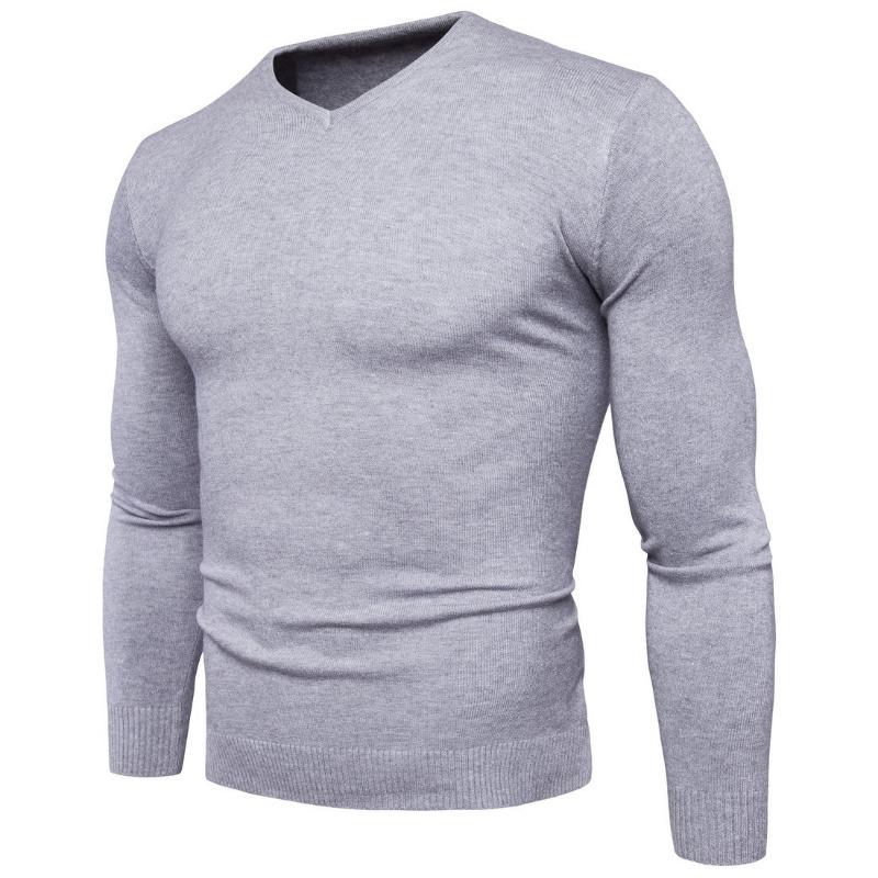 Men S V Neck Long Sleeve Knit Sweater Casual Solid Color Pullover