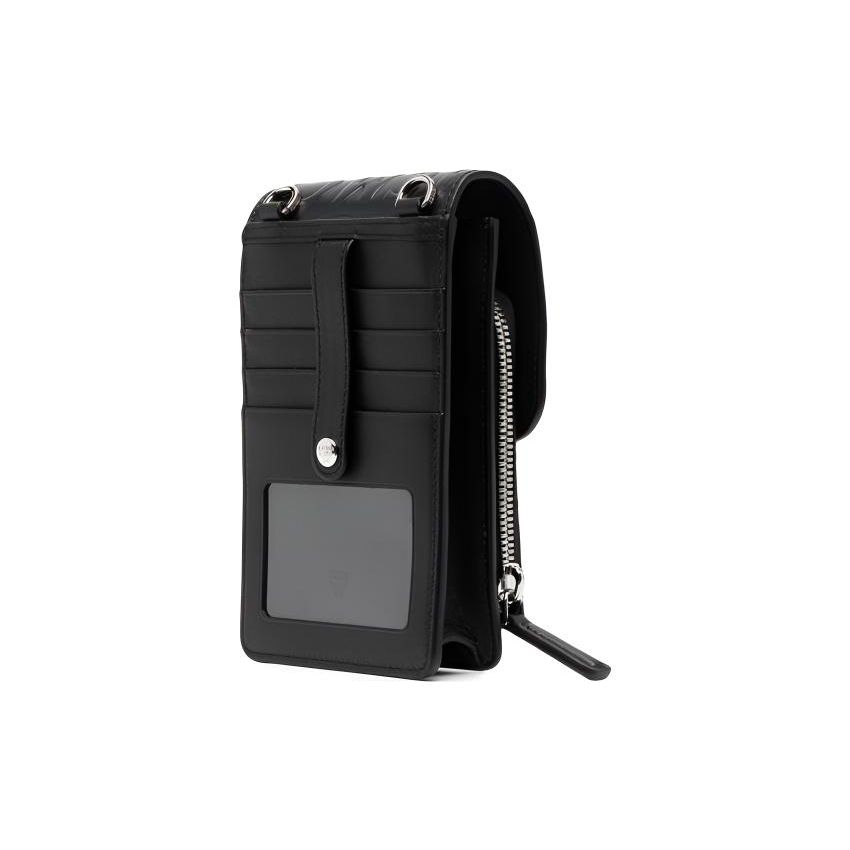 MCM Black Debossed Logo Leather Phone Crossbody Bag with Webbing Strap for Daily Use