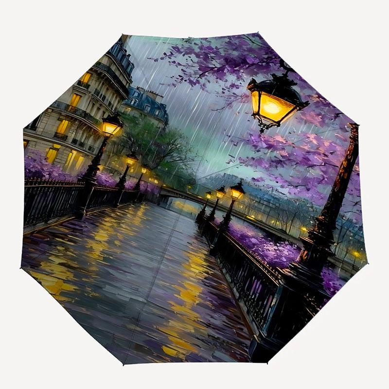 Parisian Canal Purple Blossoms Themed Automatic Opening and Closing Umbrella, Brightly Colored 8-rib Portable Umbrella, Suitable for Men and