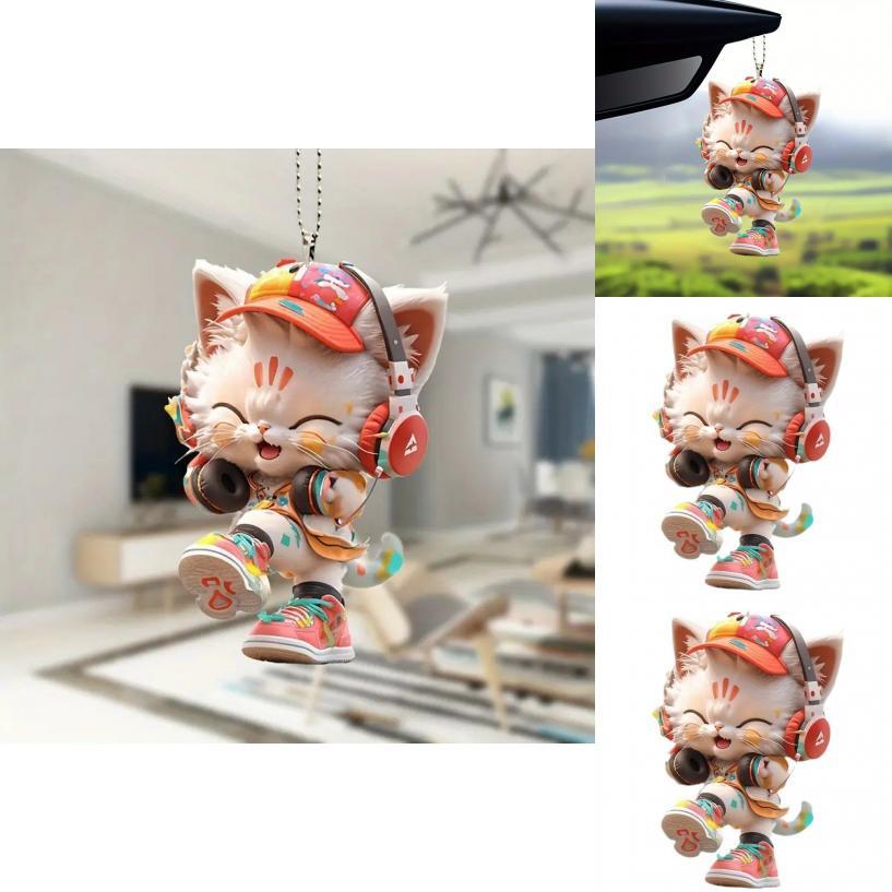 Cute Listening To Music Colorful Cat Pattern, Acrylic Pendant For Fun Vehicle Accessory