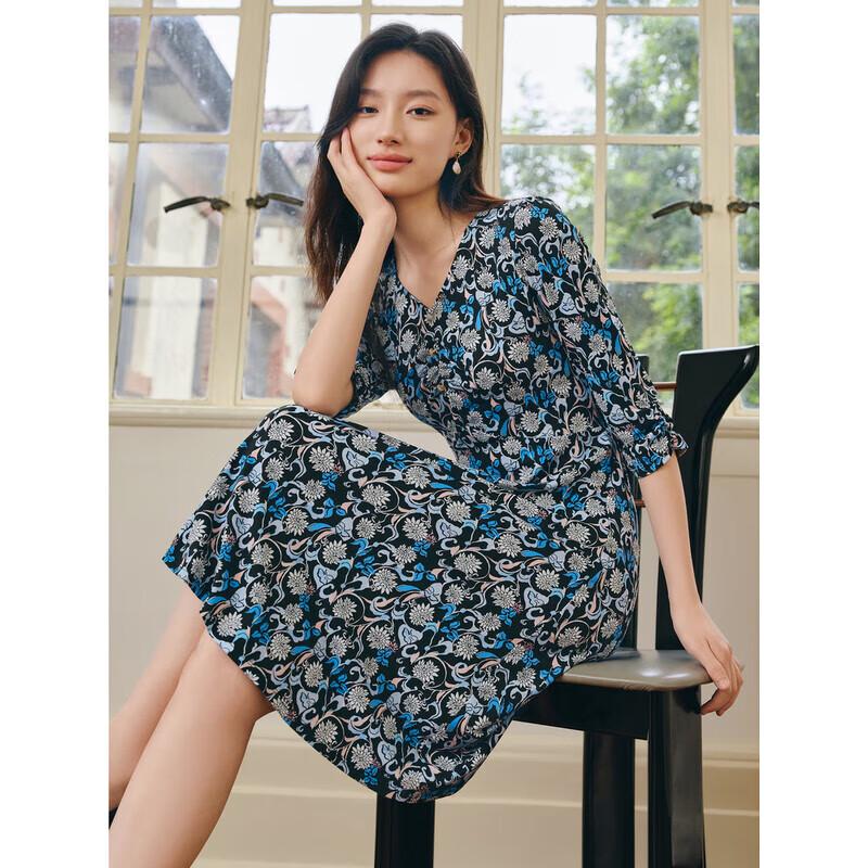 JIUZI ANNACA Elegant Lady Style 3/4 Sleeve Ruched V-neck Slim-fit Knit Dress