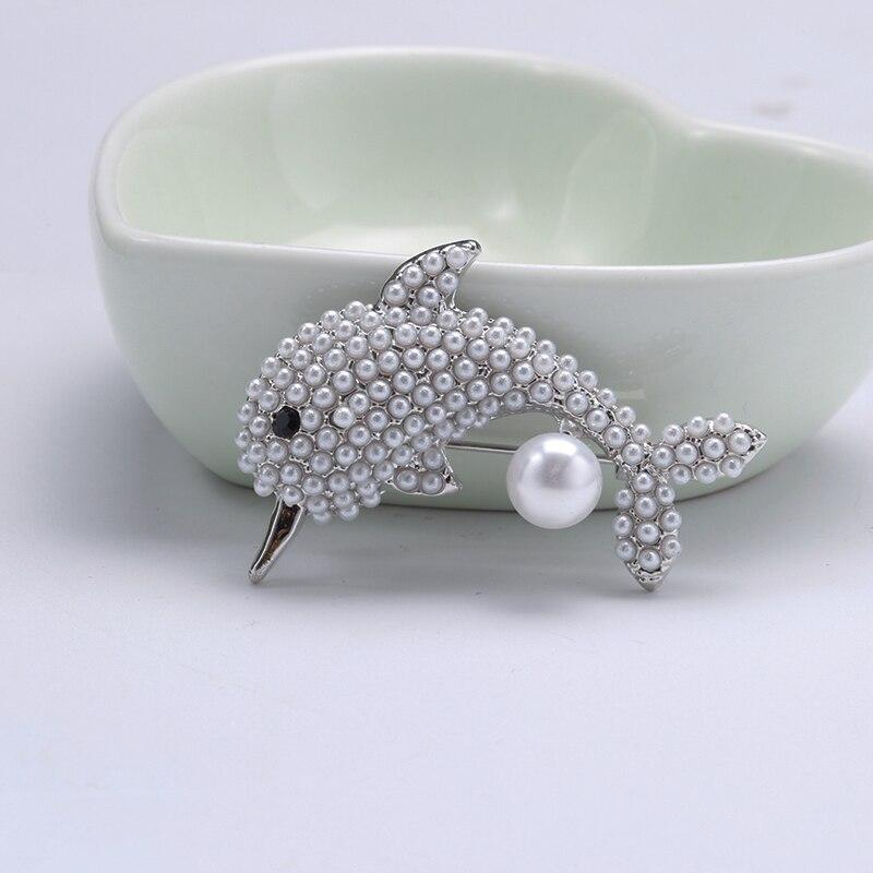 Blucome Lively Pearl Dolphin Shape Yellow Enamel Brooches For Women Kids Coat Collar Scarf Clothes Pins Accessories