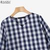 ZANZEA Women Casual V-Neck 3/4 Sleeve Loose Grid Print Blouse