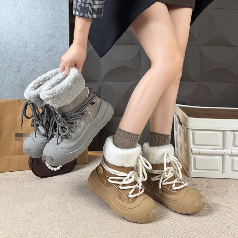 Plush Snow Boots Women's New Winter Mid-boots Plush Warm Big Head Lace-up Fluffy Boots