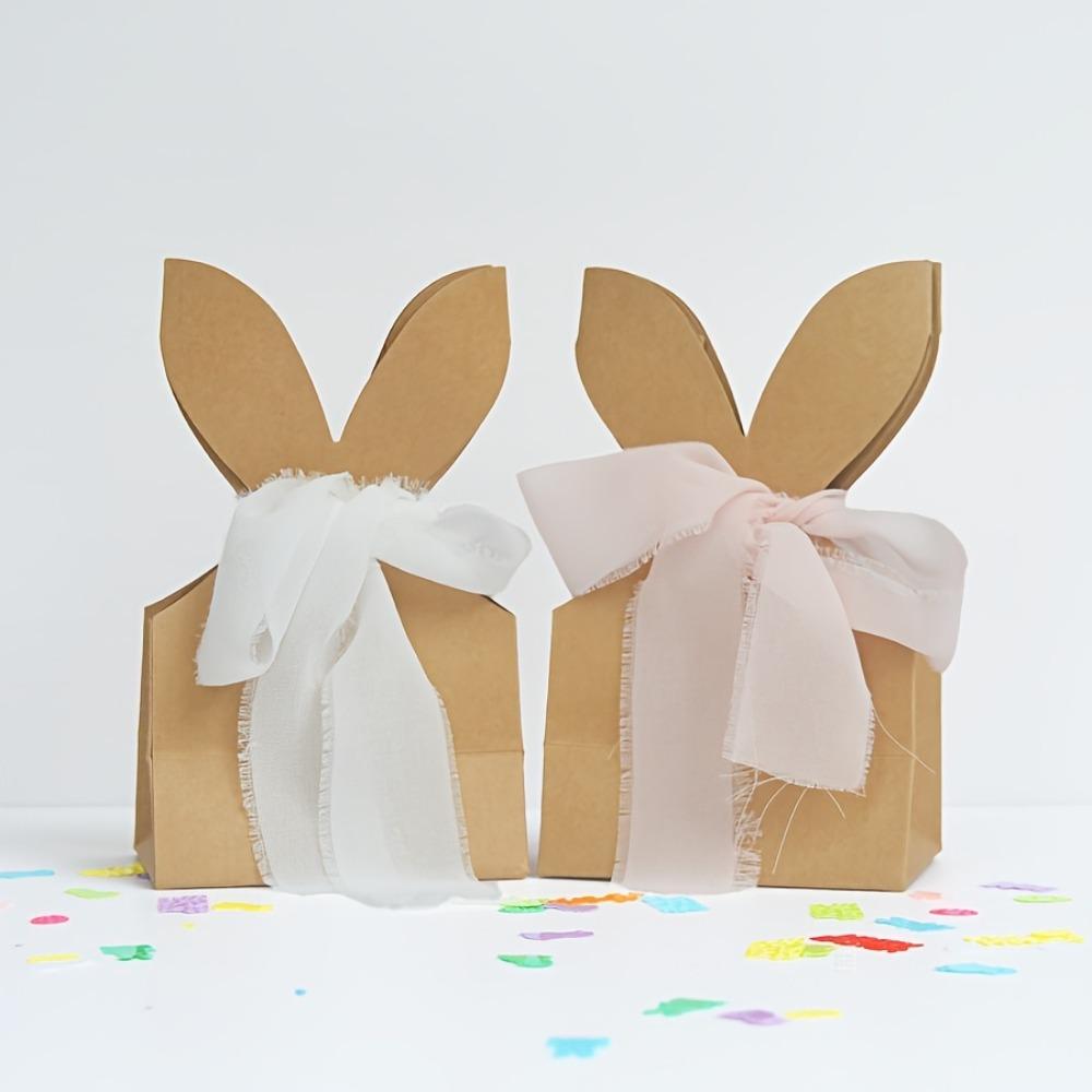 12PCS Cartoon Easter Rabbit Candy Gift Box with Ribbon Bow 3D Bunny Ear Rabbit Cookie Bag Kraft Paper DIY Party Favor Bag