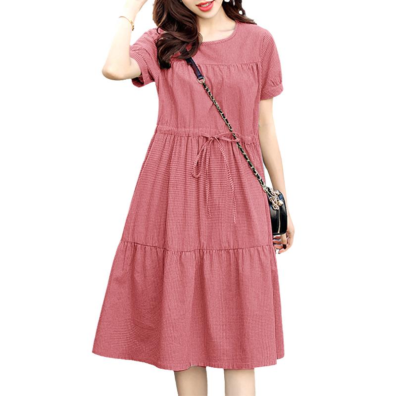ZANZEA Women Casual Round Neck Summer Short Sleeve Plaid Print Dress