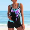 Women's Shoulder Strap Swimsuit Rose Print Bikini Tankini Swimsuit