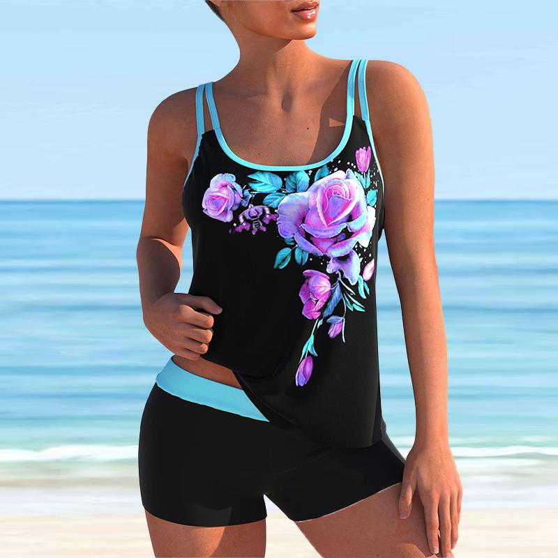 Женский купальник с бретелями и принтом розы, бикини, купальник-танкини