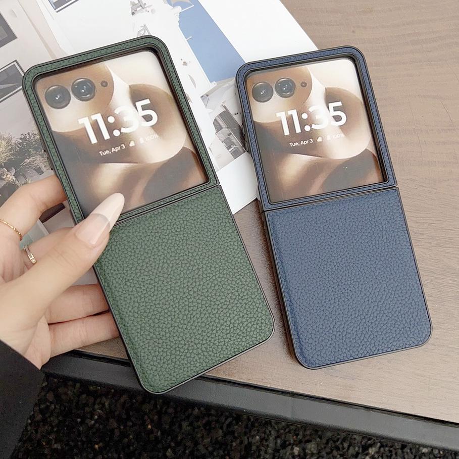 Plain Leather Lychee Patterned Case For Moto Razr 60 Ultra Razr60 Motorola razr 50 Ultra razr+ Camera protect Cover