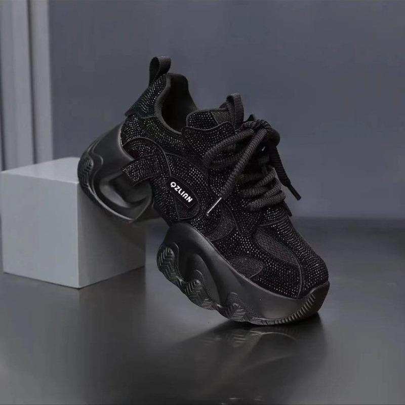 Толстая подошва громоздкие кроссовки женские модные блестящие кристаллы на плоской подошве сетчатые дышащие туфли для подъема новые кроссовки для фитнеса