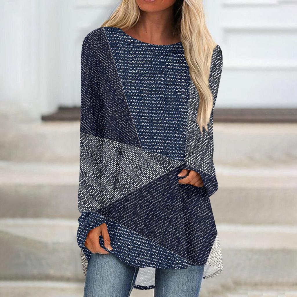 Женская модная повседневная футболка с принтом, длинный рукав, круглый вырез, средний длинный топ