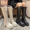 Fashion Thick Bottom Heightening Knee High Boot Women Autumn Lace Up Chunky Heeled Ladies Black Knight Botas Fashion Side Zip Long Boots
