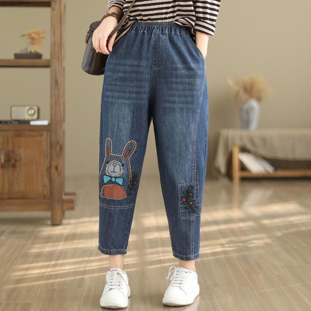 Весна/лето Новые повседневные брюки-харен для женщин Вышитые женские укороченные брюки Свободные джинсы для женщин