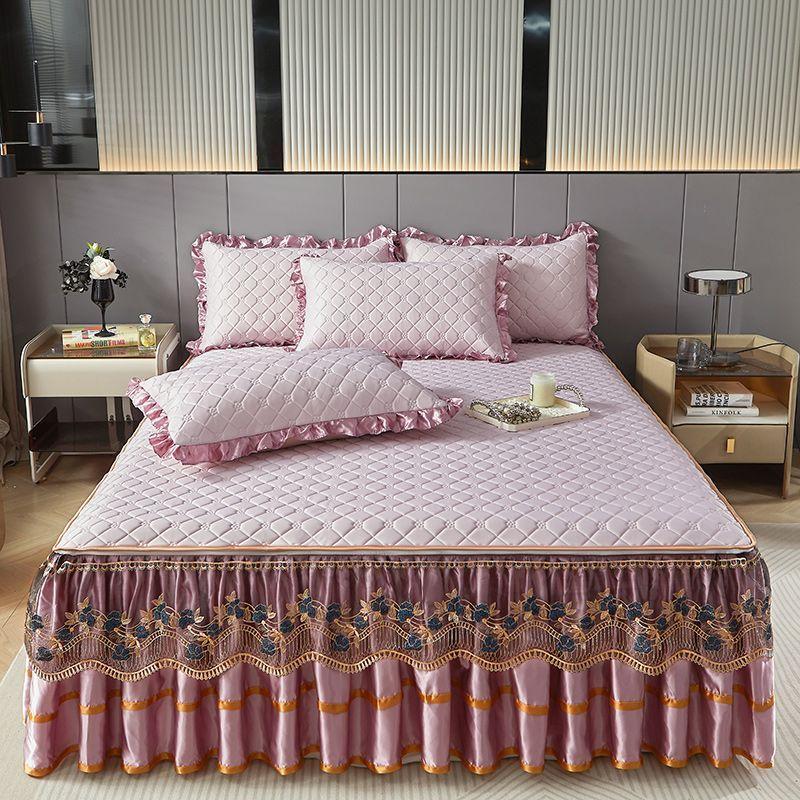 Комплект из 3 предметов для спальни Высококачественная юбка для кровати из хрустального бархата Комплект из трех предметов с толстой кружевной отделкой, стиль корейской принцессы Теплый и нескользящий чехол для матраса