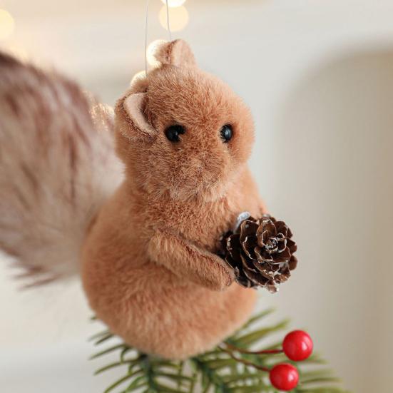 Christmas Squirrel Ornament Foam Plush Squirrel Figurine with Pinecones Branches Furry Forest Animal Hanging Decoration for Holiday Xmas Tree Home