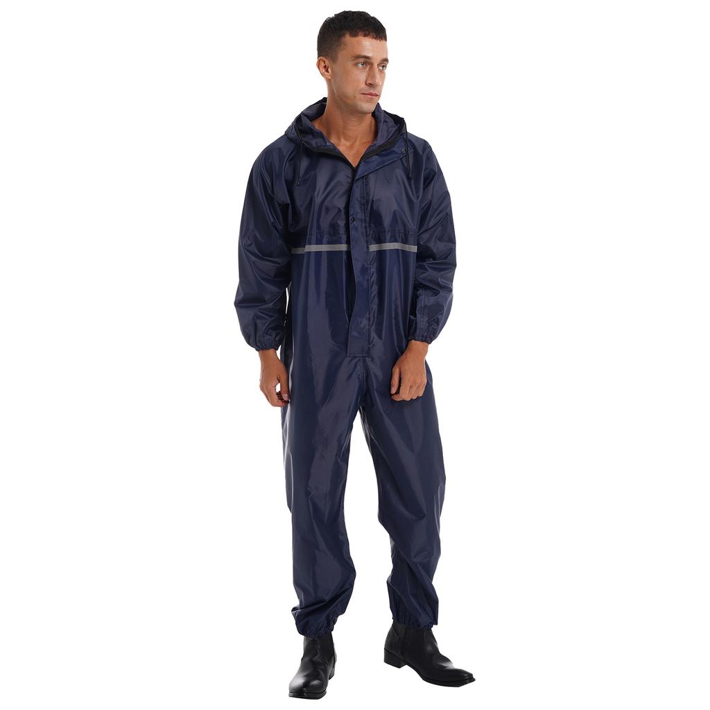 Mens Waterproof Jumpsuit Reflective Strip Rainsuit Long Sleeve Hooded Raincoat Zipper Coverall Workwear