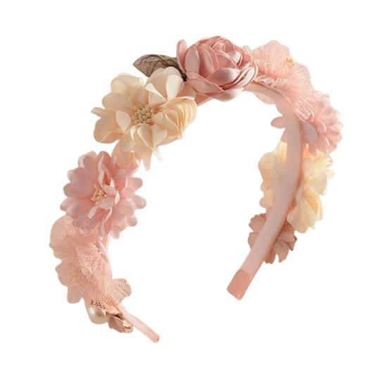 Soft Yarn Headband with Gauze Flowers Faux Pearls Decor Romantic Style Elastic Crown Hairband Parties Weddings Daily Wear