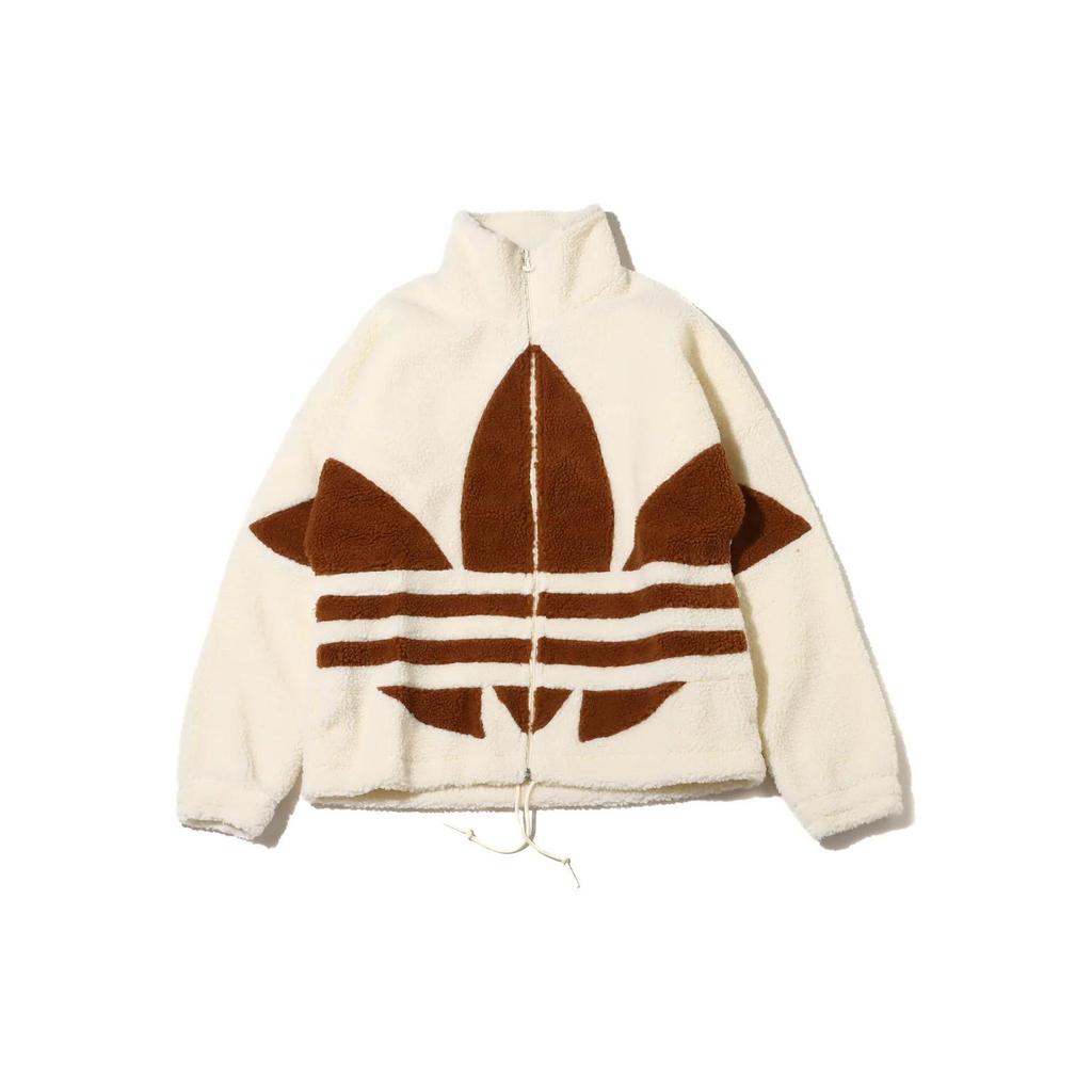 Adidas Originals Solid Color Large Logo Zip-Up Stand Collar Long Sleeve Warm Jacket Unisex Jackets Beige HR3181