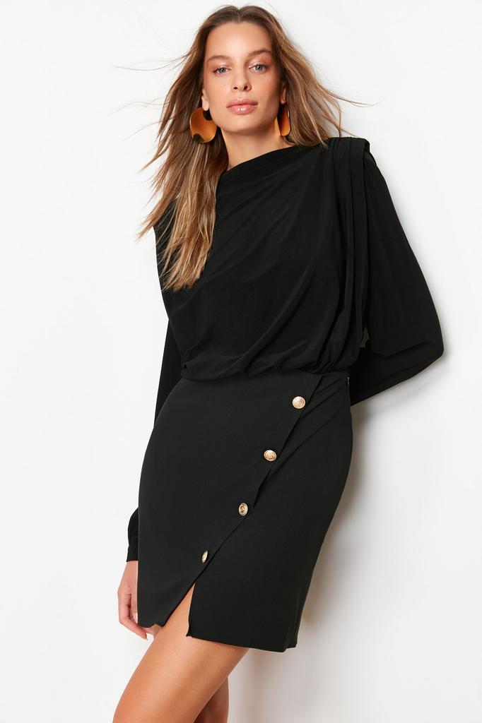 Women's Style Dress Black Fitted Padded Mini Woven Dress with Button Detail